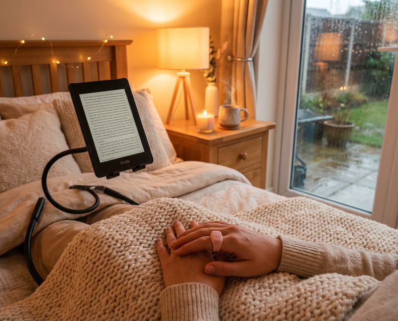 Cozy reading setup with Turnly page turner ring